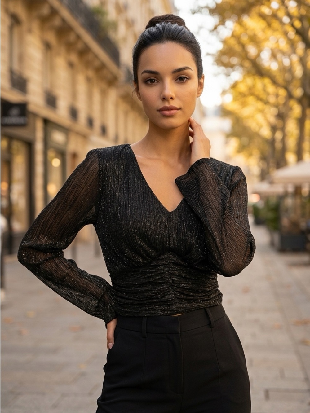 Joie Womens Med Black Sheer Sleeve V-Neck Long Sleeve Pullover Blouse Top